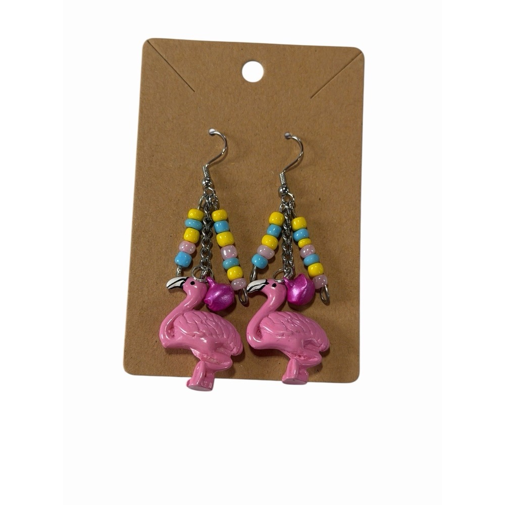 Pink Flamingo Dangle Earrings Beaded Tropical Bird‎ Heart Charm Fishhook Jewelry